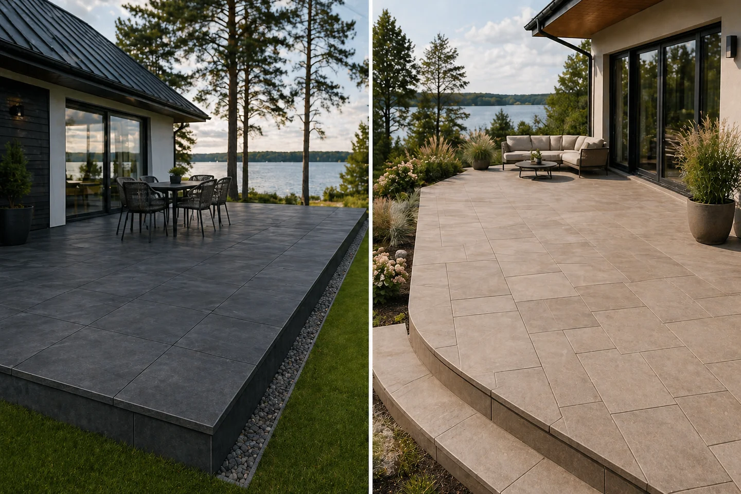 Dwie strefy tarasu w Rynie — antracyt 60×60 (jadalnia) + beż 60×60 (lounge)
